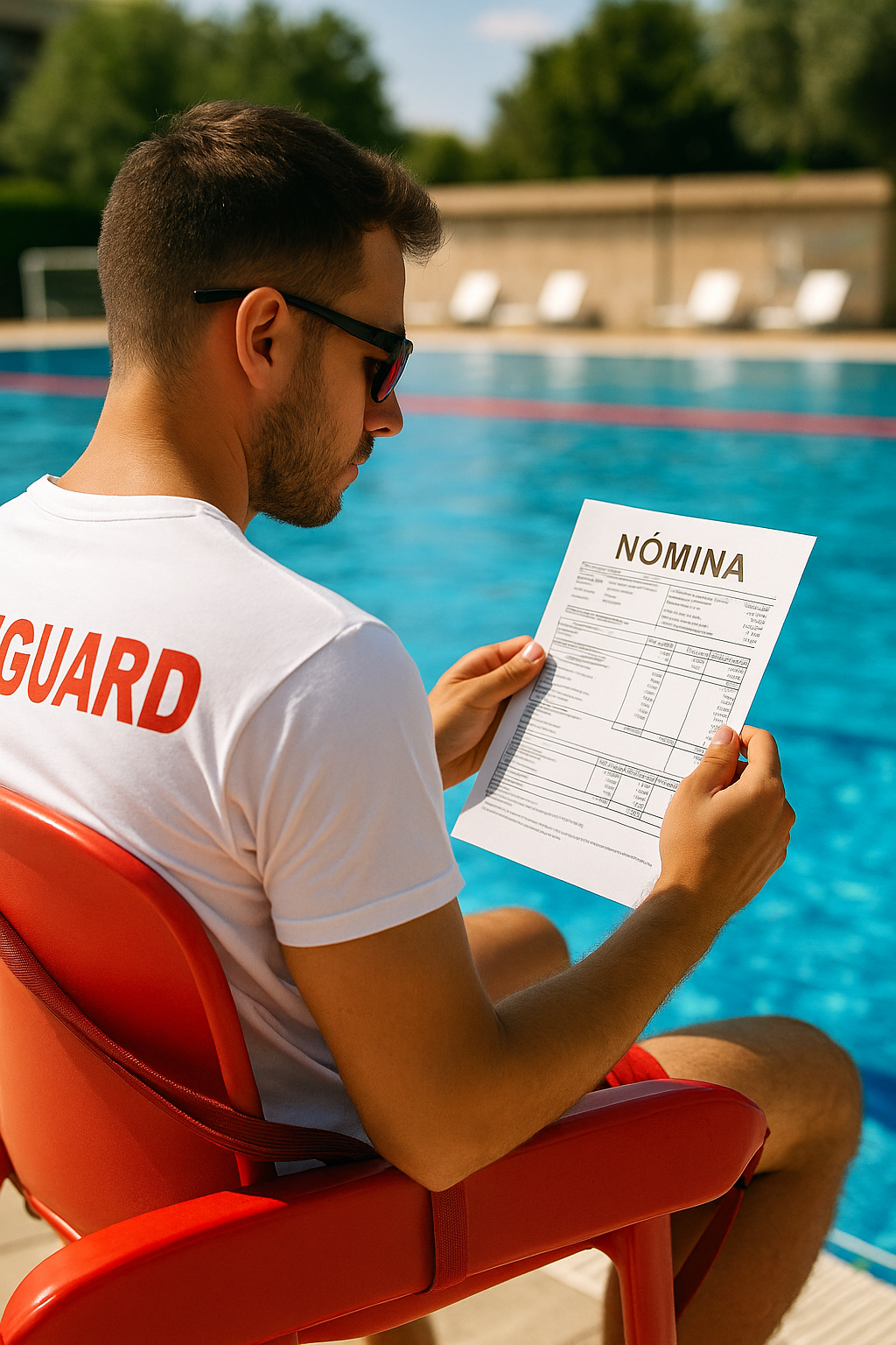 Socorrista consultando su nómina tras finalizar el curso de verano