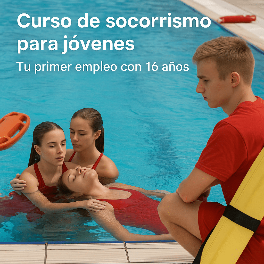 Jóvenes de 16 años haciendo prácticas de socorrismo en piscina