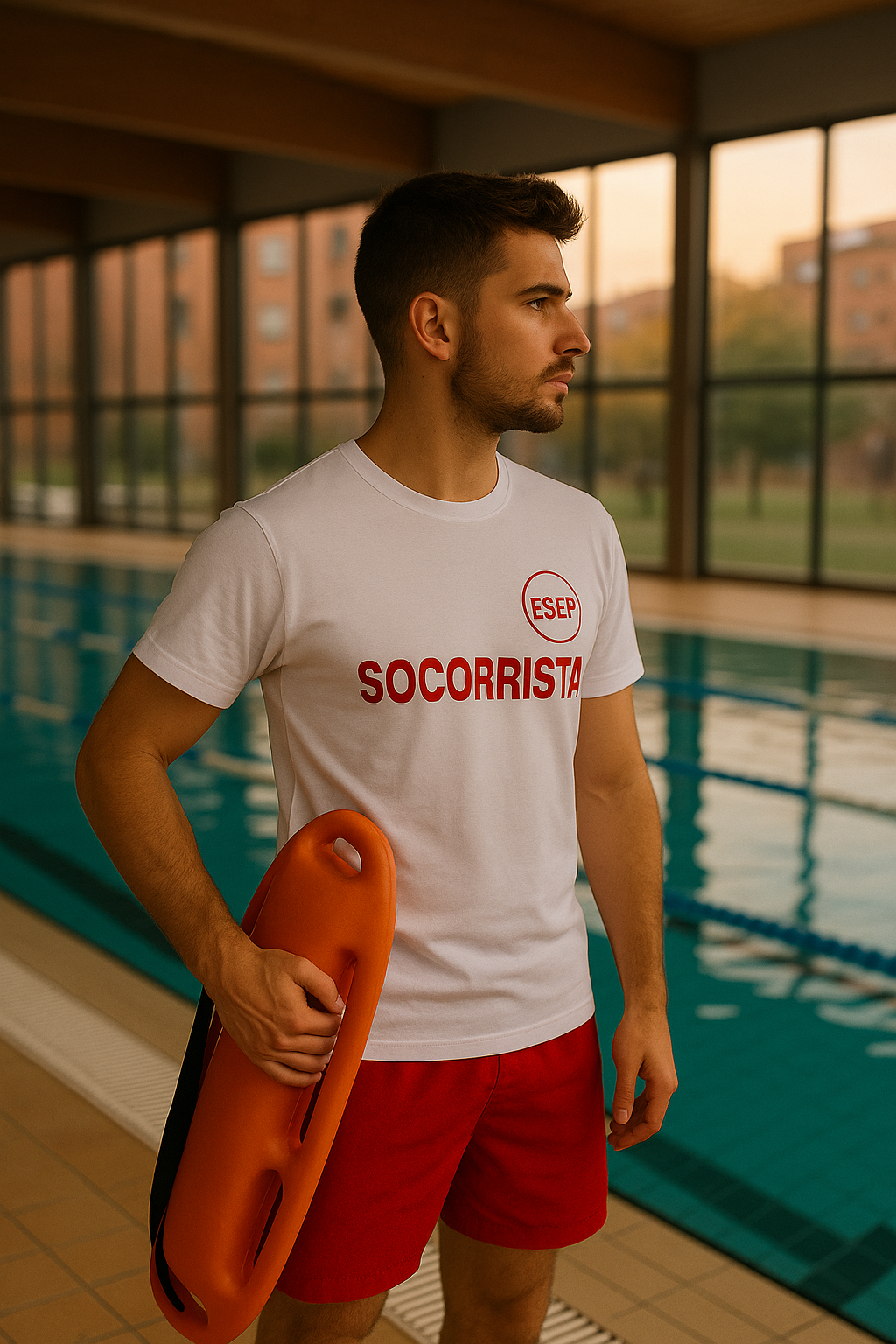 Socorrista joven con camiseta blanca de ESEP y la palabra “SOCORRISTA” en rojo, sosteniendo un flotador de rescate junto a una piscina cubierta de Madrid iluminada por luz cálida otoñal.