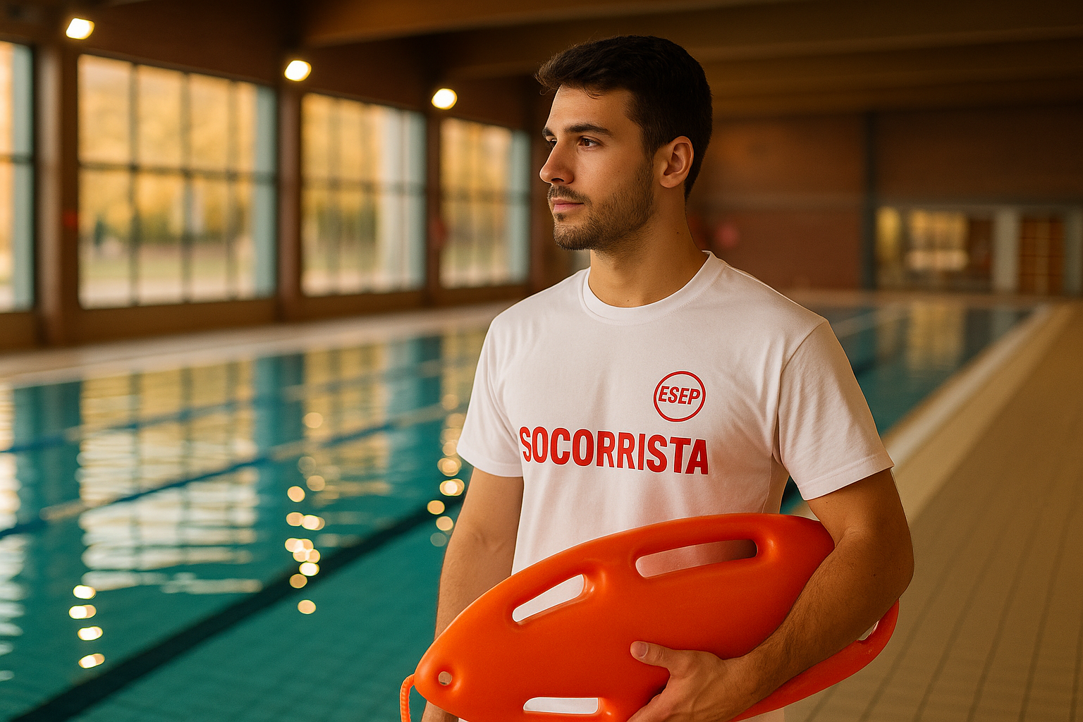 Socorrista joven con camiseta blanca de ESEP y la palabra “SOCORRISTA” en rojo, sosteniendo un flotador de rescate junto a una piscina cubierta en Madrid, con luz cálida y ambiente otoñal profesional.